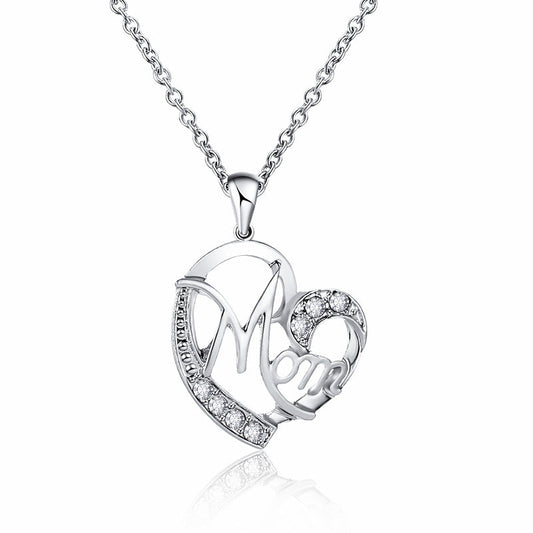 Silver MOM Heart Pendant Necklace with Rhinestones - Adjustable 47+5cm Chain, Lightweight Alloy Jewelry for Mother's Day Gift, Everyday Wear & Special Occasions - Elegant Letter Design for Women