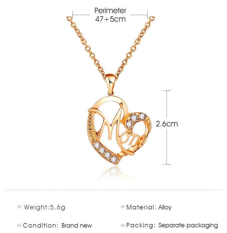 Silver MOM Heart Pendant Necklace with Rhinestones - Adjustable 47+5cm Chain, Lightweight Alloy Jewelry for Mother's Day Gift, Everyday Wear & Special Occasions - Elegant Letter Design for Women