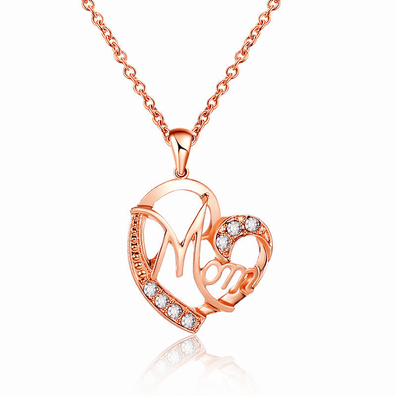 Rose gold MOM Heart Pendant Necklace with Rhinestones - Adjustable 47+5cm Chain, Lightweight Alloy Jewelry for Mother's Day Gift, Everyday Wear & Special Occasions - Elegant Letter Design for Women