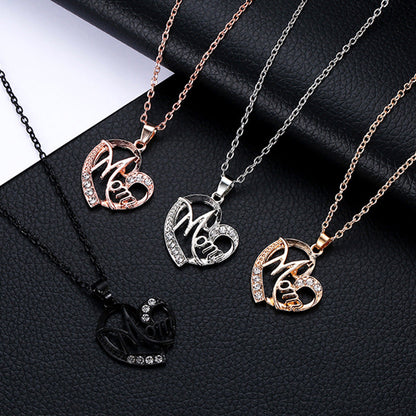 Rose gold MOM Heart Pendant Necklace with Rhinestones - Adjustable 47+5cm Chain, Lightweight Alloy Jewelry for Mother's Day Gift, Everyday Wear & Special Occasions - Elegant Letter Design for Women