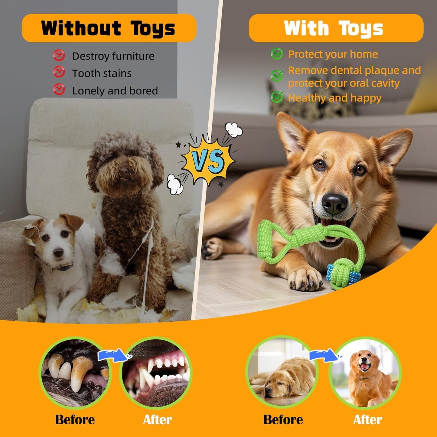 7-Piece Orange-yellow Durable Cotton Rope Dog Toy Set - Washable Knotted Ball & Tug Toys for Aggressive Chewers, Interactive Teeth Cleaning Pet Toy for Small to Medium Dogs & Cats