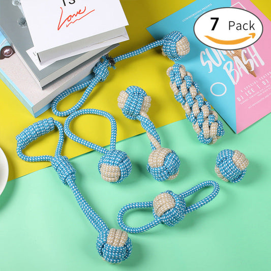 7-Piece Blue-gray Durable Cotton Rope Dog Toy Set - Washable Knotted Ball & Tug Toys for Aggressive Chewers, Interactive Teeth Cleaning Pet Toy for Small to Medium Dogs & Cats