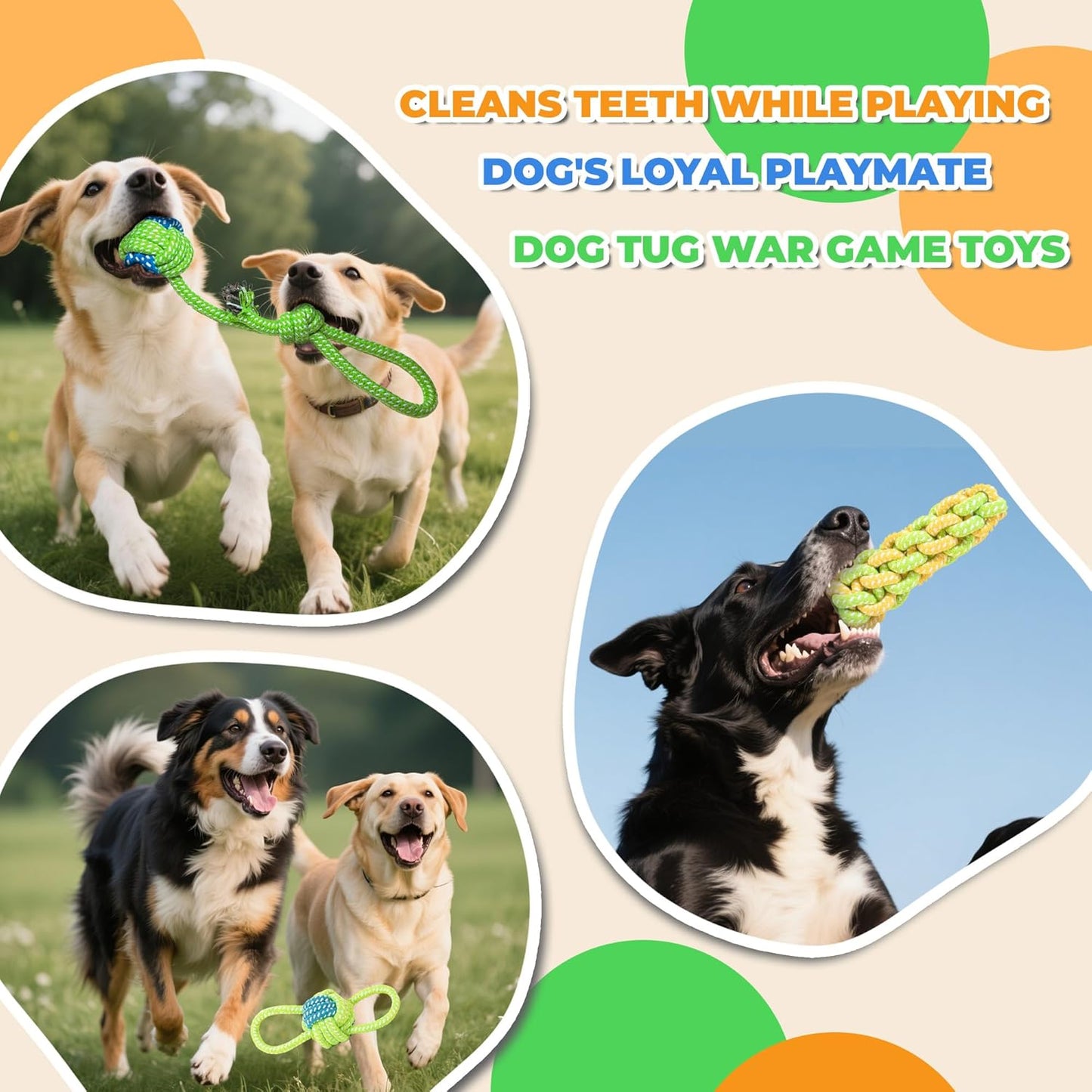 7-Piece Red and Green Durable Cotton Rope Dog Toy Set - Washable Knotted Ball & Tug Toys for Aggressive Chewers, Interactive Teeth Cleaning Pet Toy for Small to Medium Dogs & Cats