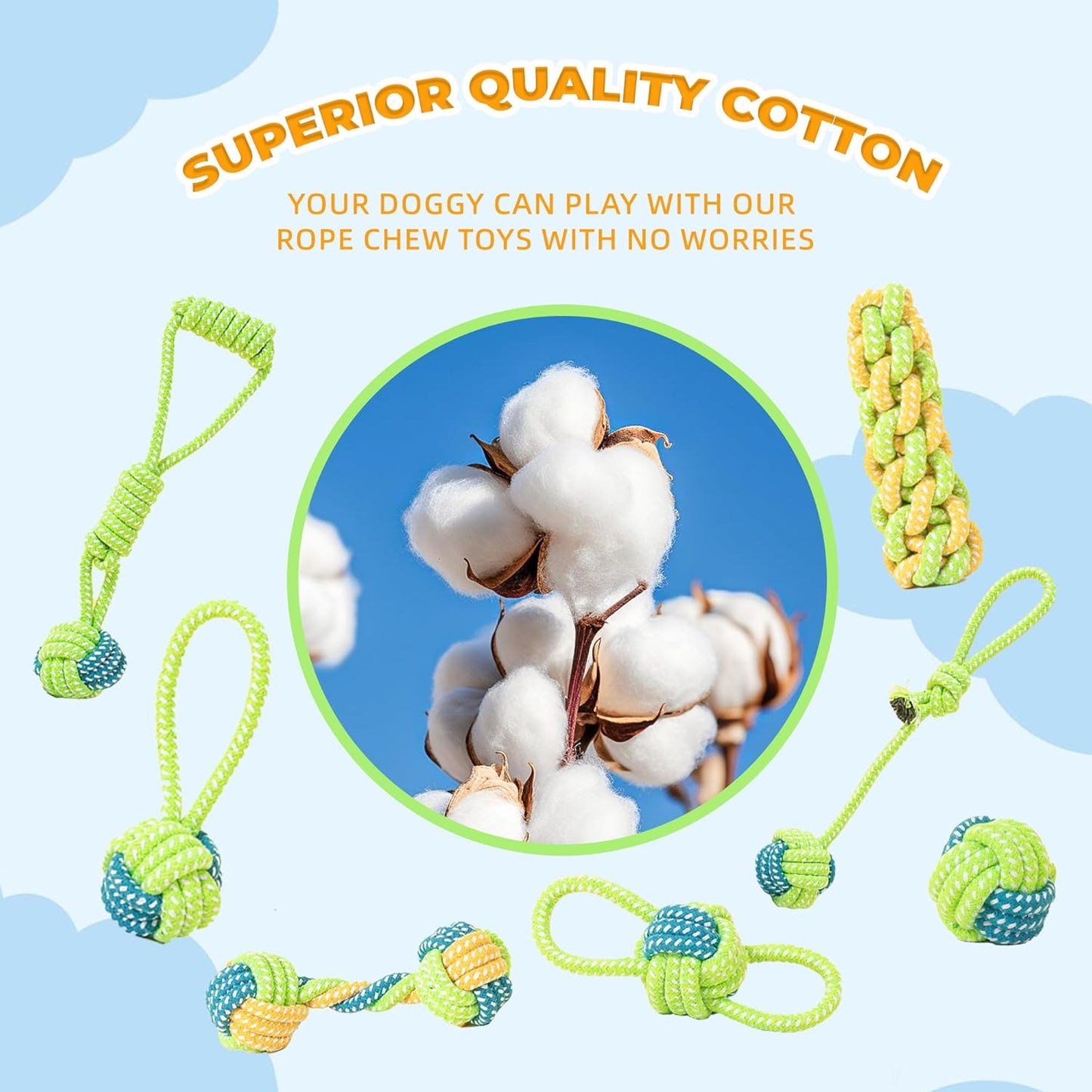 7-Piece Red and Green Durable Cotton Rope Dog Toy Set - Washable Knotted Ball & Tug Toys for Aggressive Chewers, Interactive Teeth Cleaning Pet Toy for Small to Medium Dogs & Cats