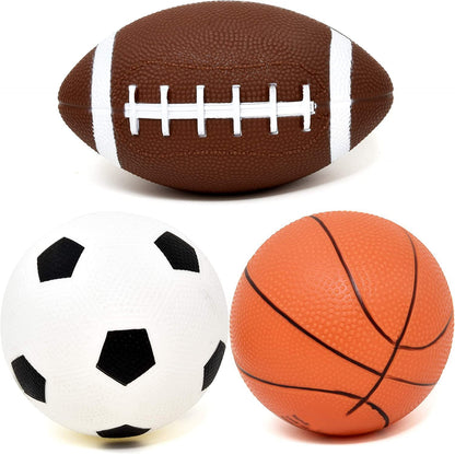 3-Pack 16cm Inflatable Sports Balls Set PVC Mini Soccer Basketball Rugby for Toddlers Kindergarten Outdoor Play Includes Hand Pump for Easy Inflation