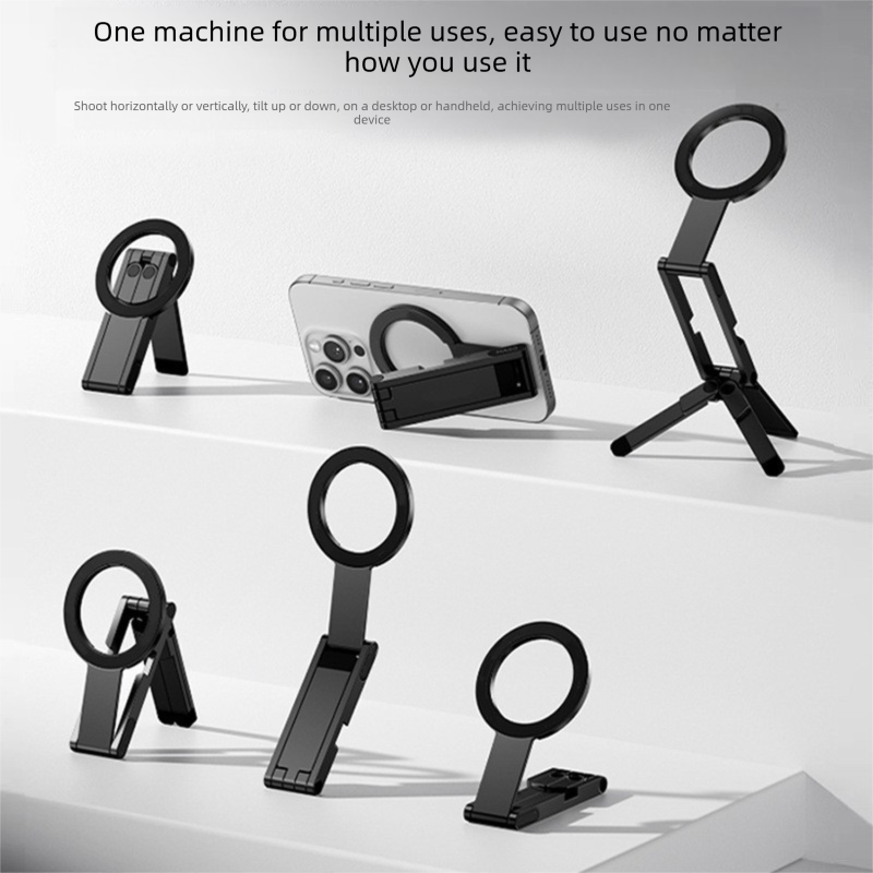 Black Alloy Pocket Magnetic Phone Stand with Desktop Tripod â€“ Multi-Function Foldable Design for Portable Selfie Stick & Hands-Free Shooting â€“ Ideal for Travel, Vlogging, and Daily Use