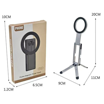 Silver Alloy Pocket Magnetic Phone Stand with Desktop Tripod â€“ Multi-Function Foldable Design for Portable Selfie Stick & Hands-Free Shooting â€“ Ideal for Travel, Vlogging, and Daily Use