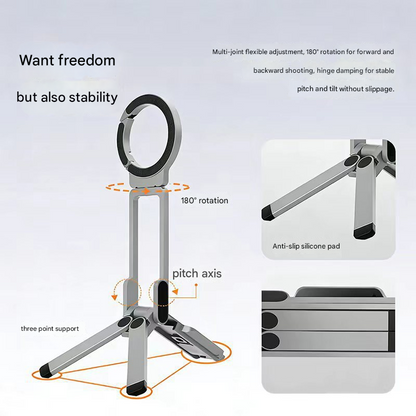 Silver Portable Magnetic Phone Mount with MagLock - Multi-Functional Foldable Tripod Stand for Desktop, Travel & Vlogging, Strong Dual Magnet Design for iPhone & Android