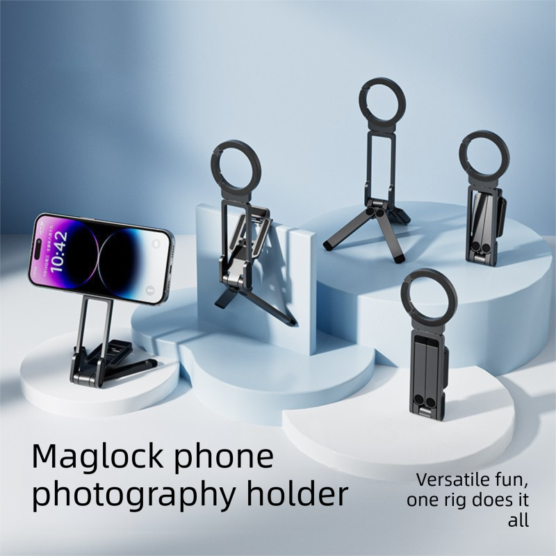 Silver Portable Magnetic Phone Mount with MagLock - Multi-Functional Foldable Tripod Stand for Desktop, Travel & Vlogging, Strong Dual Magnet Design for iPhone & Android