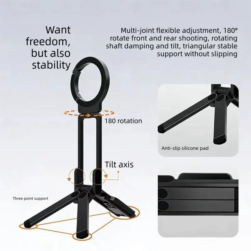 Black Portable Magnetic Phone Mount with MagLock - Multi-Functional Foldable Tripod Stand for Desktop, Travel & Vlogging, Strong Dual Magnet Design for iPhone & Android