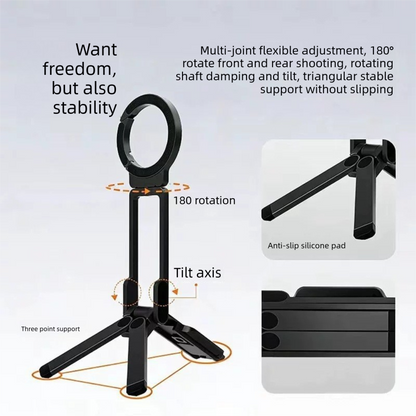 Black Portable Magnetic Phone Mount with MagLock - Multi-Functional Foldable Tripod Stand for Desktop, Travel & Vlogging, Strong Dual Magnet Design for iPhone & Android