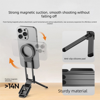 Black Portable Magnetic Phone Mount with MagLock - Multi-Functional Foldable Tripod Stand for Desktop, Travel & Vlogging, Strong Dual Magnet Design for iPhone & Android