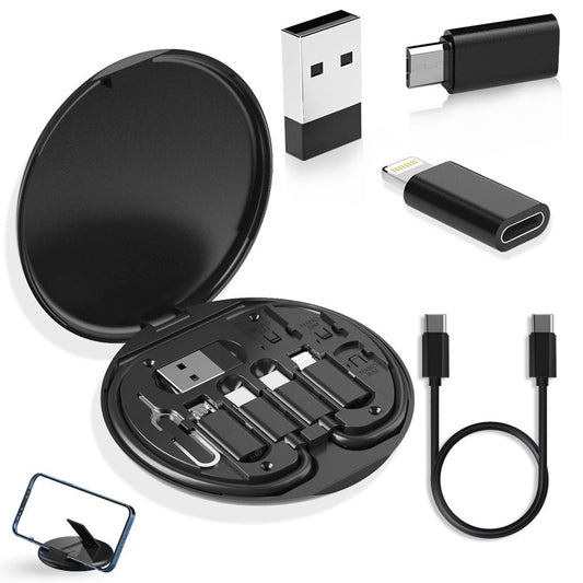 2-Pack Black 60W Fast Charging Cable Kit with Storage Box - 5-in-1 Multi-Interface Data Cable Set with Phone Stand & SIM Ejector Tool - Universal Compatibility for iPhone, Android, and Type-C Devices - Portable Travel Gadget Organizer