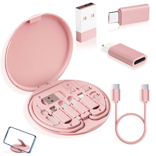 2-Pack Pink 60W Fast Charging Cable Kit with Storage Box - 5-in-1 Multi-Interface Data Cable Set with Phone Stand & SIM Ejector Tool - Universal Compatibility for iPhone, Android, and Type-C Devices - Portable Travel Gadget Organizer