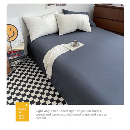 Haze gray Washed Cotton Bedding Set - Solid Color Fitted Sheet Style, 4-Piece Set for 1.5m Bed, Includes 10 Random Color Quilt Fasteners(1.5m)
