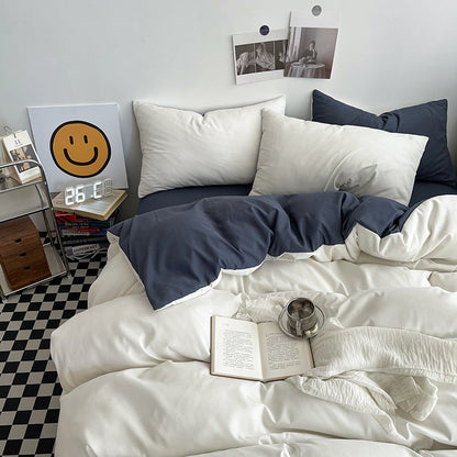 White and Dark Grey Washed Cotton Bedding Set - Solid Color Fitted Sheet Style, 4-Piece Set for 1.5m Bed, Includes 10 Random Color Quilt Fasteners(1.5m)