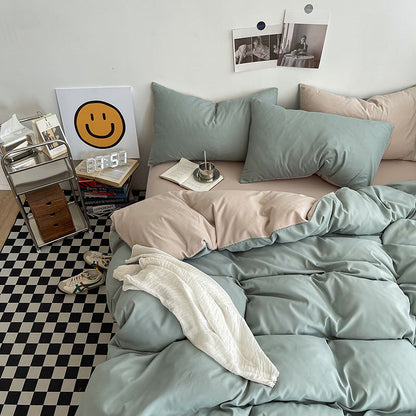 Matcha khaki Washed Cotton Bedding Set - Solid Color Fitted Sheet Style, 4-Piece Set for 1.5m Bed, Includes 10 Random Color Quilt Fasteners(1.5m)