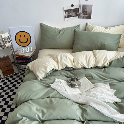 Matcha Cheese Washed Cotton Bedding Set - Solid Color Fitted Sheet Style, 4-Piece Set for 1.5m Bed, Includes 10 Random Color Quilt Fasteners(1.5m)