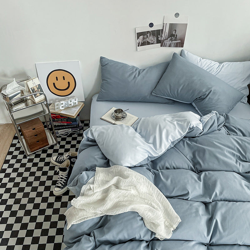 Hazy Blue Washed Cotton Bedding Set - Solid Color Fitted Sheet Style, 4-Piece Set for 1.5m Bed, Includes 10 Random Color Quilt Fasteners(1.5m)