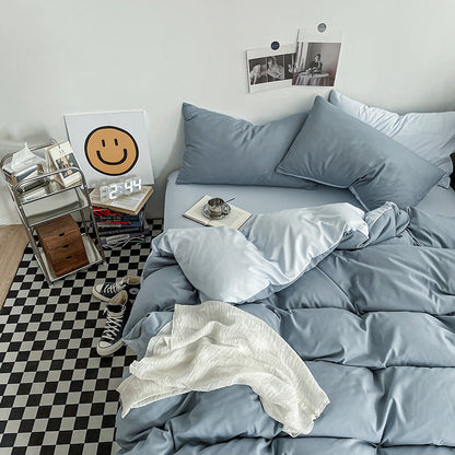 Hazy Blue Washed Cotton Bedding Set - Solid Color Fitted Sheet Style, 4-Piece Set for 1.5m Bed, Includes 10 Random Color Quilt Fasteners(1.5m)