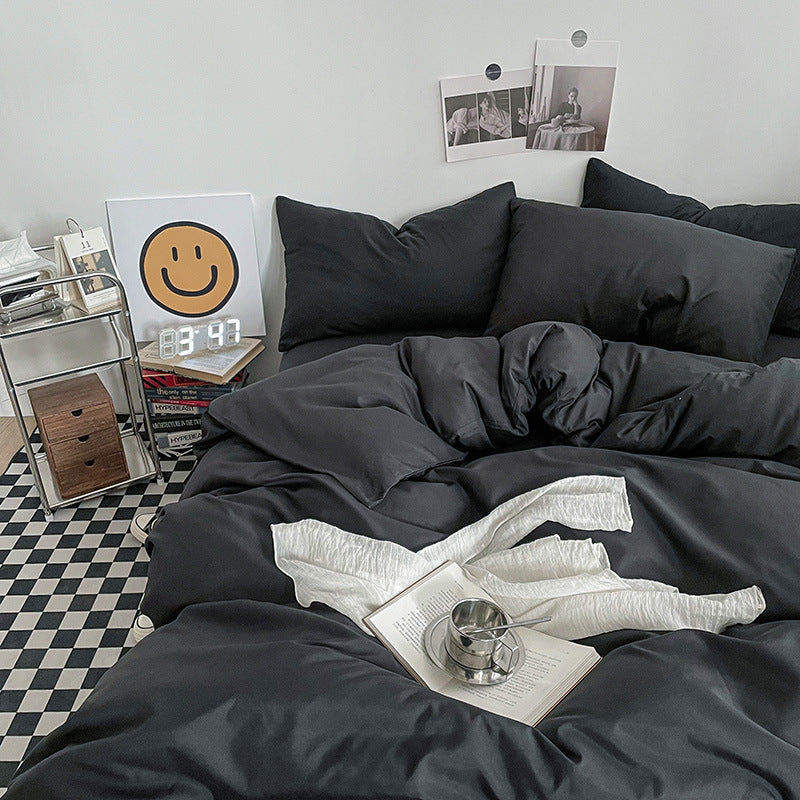 Black Washed Cotton Bedding Set - Solid Color Fitted Sheet Style, 4-Piece Set for 1.5m Bed, Includes 10 Random Color Quilt Fasteners(1.5m)