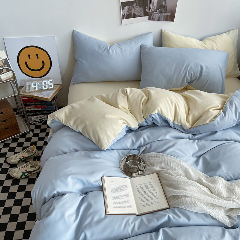 Light blue cheese Washed Cotton Bedding Set - Solid Color Fitted Sheet Style, 4-Piece Set for 1.5m Bed, Includes 10 Random Color Quilt Fasteners(1.5m)