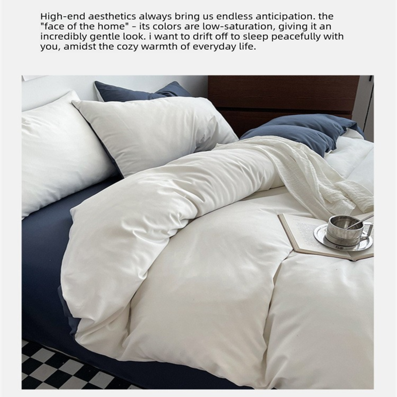 Light blue cheese Washed Cotton Bedding Set - Solid Color Fitted Sheet Style, 4-Piece Set for 1.5m Bed, Includes 10 Random Color Quilt Fasteners(1.5m)