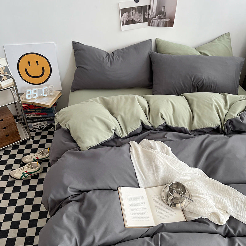 Dark gray matcha Washed Cotton Bedding Set - Solid Color Fitted Sheet Style, 4-Piece Set for 1.5m Bed, Includes 10 Random Color Quilt Fasteners(1.5m)