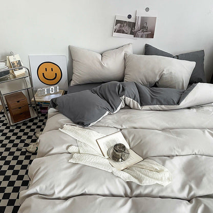 Haze gray Washed Cotton Bedding Set - Solid Color Fitted Sheet Style, 4-Piece Set for 1.8m Bed, Includes 10 Random Color Quilt Fasteners
