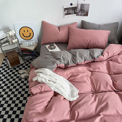 Light grey and pink Washed Cotton Bedding Set - Solid Color Fitted Sheet Style, 4-Piece Set for 1.8m Bed, Includes 10 Random Color Quilt Fasteners