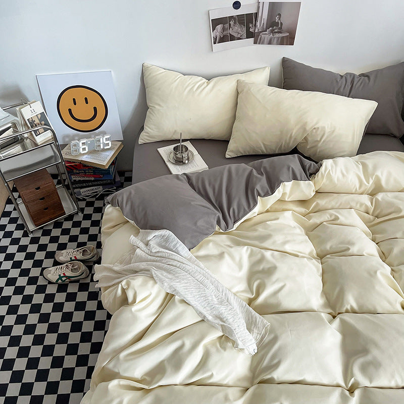 Light yellow and light gray Washed Cotton Bedding Set - Solid Color Fitted Sheet Style, 4-Piece Set for 1.8m Bed, Includes 10 Random Color Quilt Fasteners