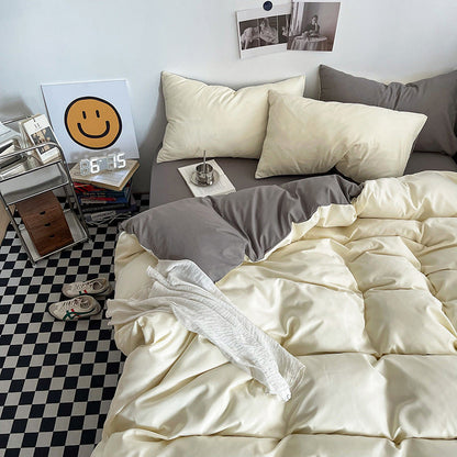 Light yellow and light gray Washed Cotton Bedding Set - Solid Color Fitted Sheet Style, 4-Piece Set for 1.8m Bed, Includes 10 Random Color Quilt Fasteners