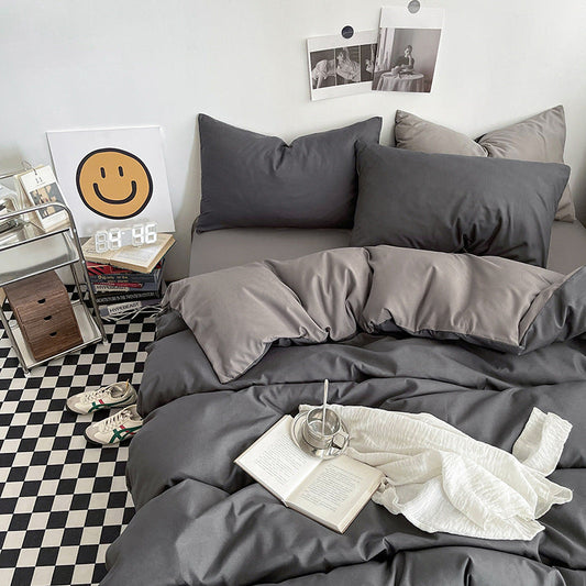 Dark gray and light gray Washed Cotton Bedding Set - Solid Color Fitted Sheet Style, 4-Piece Set for 1.8m Bed, Includes 10 Random Color Quilt Fasteners