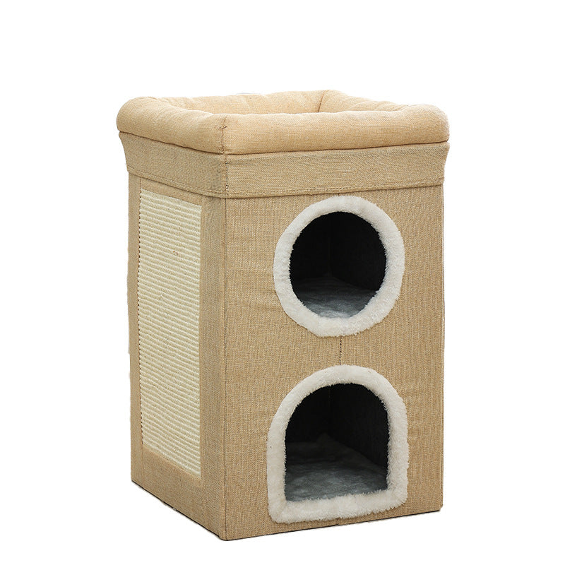 Beige 3-Story Villa Cat House with Scratching Posts - Foldable Double-Decker Cat Condo, Warm & Breathable All-Season Pet Bed, Multi-Functional Play & Sleep Space, Durable Easy-Clean Fabric