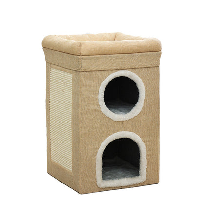 Beige 3-Story Villa Cat House with Scratching Posts - Foldable Double-Decker Cat Condo, Warm & Breathable All-Season Pet Bed, Multi-Functional Play & Sleep Space, Durable Easy-Clean Fabric