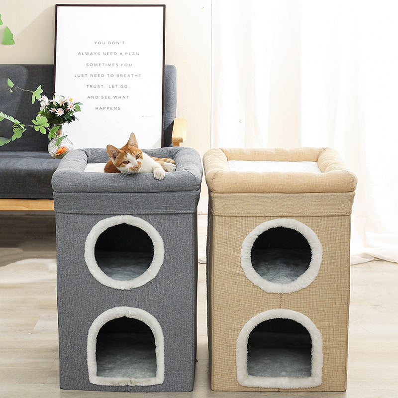 Beige 3-Story Villa Cat House with Scratching Posts - Foldable Double-Decker Cat Condo, Warm & Breathable All-Season Pet Bed, Multi-Functional Play & Sleep Space, Durable Easy-Clean Fabric