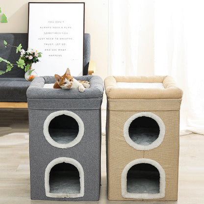 Beige 3-Story Villa Cat House with Scratching Posts - Foldable Double-Decker Cat Condo, Warm & Breathable All-Season Pet Bed, Multi-Functional Play & Sleep Space, Durable Easy-Clean Fabric