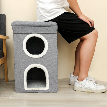 Beige 3-Story Villa Cat House with Scratching Posts - Foldable Double-Decker Cat Condo, Warm & Breathable All-Season Pet Bed, Multi-Functional Play & Sleep Space, Durable Easy-Clean Fabric