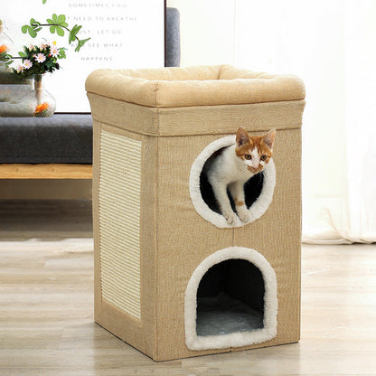 Beige 3-Story Villa Cat House with Scratching Posts - Foldable Double-Decker Cat Condo, Warm & Breathable All-Season Pet Bed, Multi-Functional Play & Sleep Space, Durable Easy-Clean Fabric
