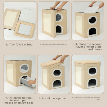 Beige 3-Story Villa Cat House with Scratching Posts - Foldable Double-Decker Cat Condo, Warm & Breathable All-Season Pet Bed, Multi-Functional Play & Sleep Space, Durable Easy-Clean Fabric