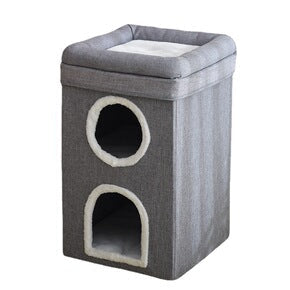 Grey 3-Story Villa Cat House with Scratching Posts - Foldable Double-Decker Cat Condo, Warm & Breathable All-Season Pet Bed, Multi-Functional Play & Sleep Space, Durable Easy-Clean Fabric