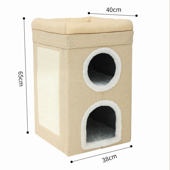 Grey 3-Story Villa Cat House with Scratching Posts - Foldable Double-Decker Cat Condo, Warm & Breathable All-Season Pet Bed, Multi-Functional Play & Sleep Space, Durable Easy-Clean Fabric