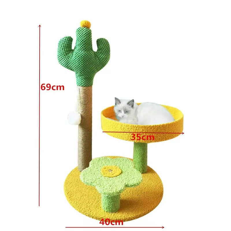 Yellow Cactus Pineapple Cat Tree with Scratching Post & Cozy Perch - Multi-Level Cat Tower with Flower Platform and Hanging Ball for Indoor Cats
