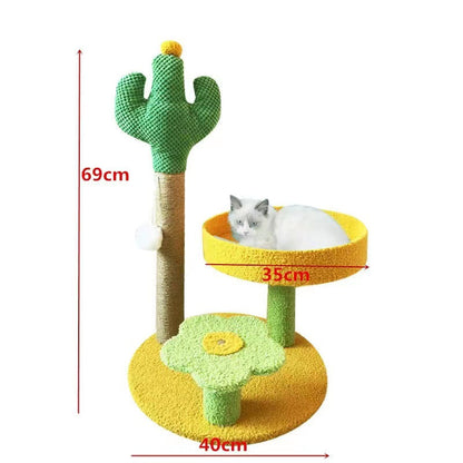 Yellow Cactus Pineapple Cat Tree with Scratching Post & Cozy Perch - Multi-Level Cat Tower with Flower Platform and Hanging Ball for Indoor Cats