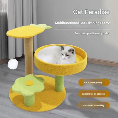 Yellow Cactus Pineapple Cat Tree with Scratching Post & Cozy Perch - Multi-Level Cat Tower with Flower Platform and Hanging Ball for Indoor Cats
