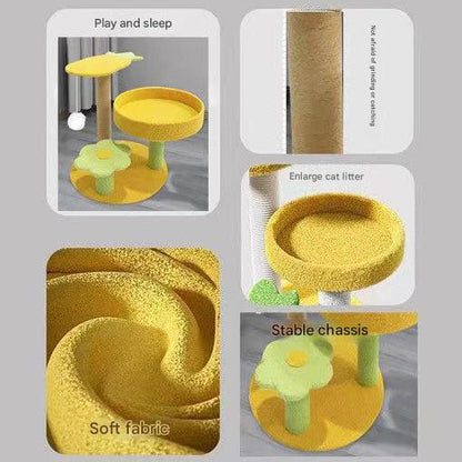 Yellow Cactus Pineapple Cat Tree with Scratching Post & Cozy Perch - Multi-Level Cat Tower with Flower Platform and Hanging Ball for Indoor Cats