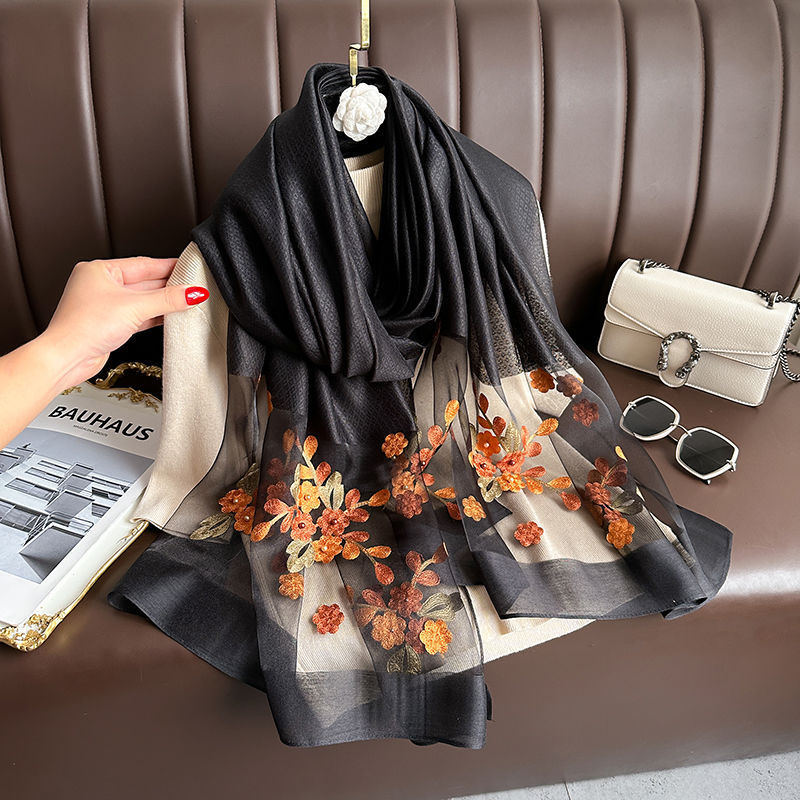 Black Elegant Embroidered Begonia Flower Long Scarf for Women - Beaded Faux Silk Shawl with Floral Design, Lightweight Sunscreen Wrap for Spring Autumn Daily Wear