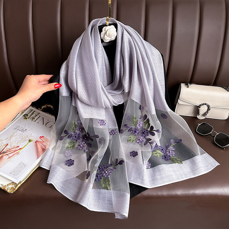Light gray Elegant Embroidered Begonia Flower Long Scarf for Women - Beaded Faux Silk Shawl with Floral Design, Lightweight Sunscreen Wrap for Spring Autumn Daily Wear