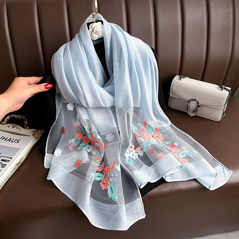Light blue Elegant Embroidered Begonia Flower Long Scarf for Women - Beaded Faux Silk Shawl with Floral Design, Lightweight Sunscreen Wrap for Spring Autumn Daily Wear