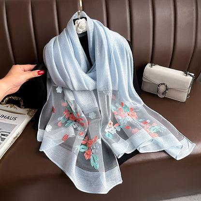 Light blue Elegant Embroidered Begonia Flower Long Scarf for Women - Beaded Faux Silk Shawl with Floral Design, Lightweight Sunscreen Wrap for Spring Autumn Daily Wear
